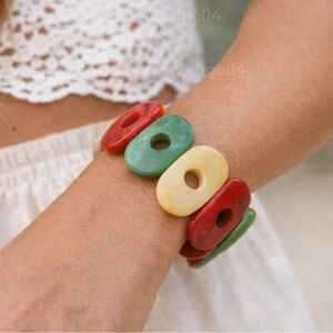 Vintage Boho Chunky Stretch Bracelet Green Red Cream Multicolor Discs